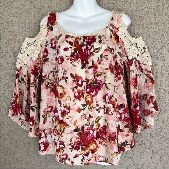 Soft Surroundings Floral Print Crochet
Lace Detail Cold Shoulder Top - Picture 2 of 11